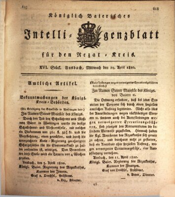 Königlich Bayerisches Intelligenzblatt für den Rezat-Kreis (Ansbacher Intelligenz-Zeitung) Mittwoch 19. April 1820