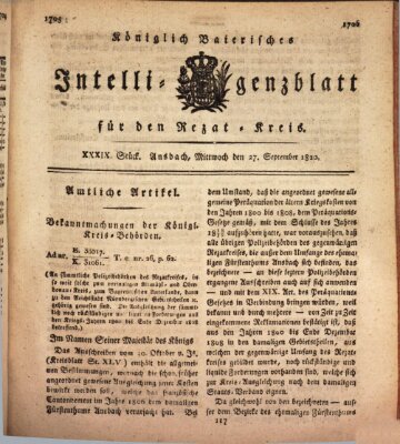 Königlich Bayerisches Intelligenzblatt für den Rezat-Kreis (Ansbacher Intelligenz-Zeitung) Mittwoch 27. September 1820