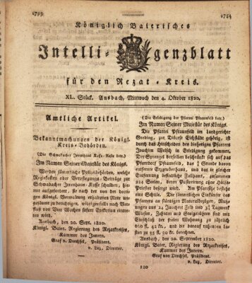 Königlich Bayerisches Intelligenzblatt für den Rezat-Kreis (Ansbacher Intelligenz-Zeitung) Mittwoch 4. Oktober 1820