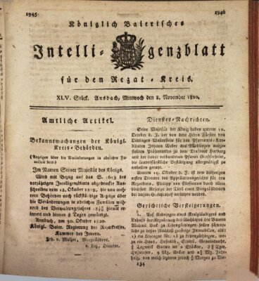 Königlich Bayerisches Intelligenzblatt für den Rezat-Kreis (Ansbacher Intelligenz-Zeitung) Mittwoch 8. November 1820