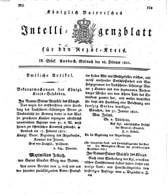 Königlich Bayerisches Intelligenzblatt für den Rezat-Kreis (Ansbacher Intelligenz-Zeitung) Mittwoch 28. Februar 1821