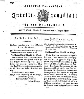 Königlich Bayerisches Intelligenzblatt für den Rezat-Kreis (Ansbacher Intelligenz-Zeitung) Mittwoch 22. August 1821