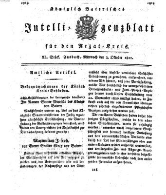 Königlich Bayerisches Intelligenzblatt für den Rezat-Kreis (Ansbacher Intelligenz-Zeitung) Mittwoch 3. Oktober 1821