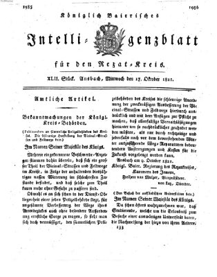 Königlich Bayerisches Intelligenzblatt für den Rezat-Kreis (Ansbacher Intelligenz-Zeitung) Mittwoch 17. Oktober 1821