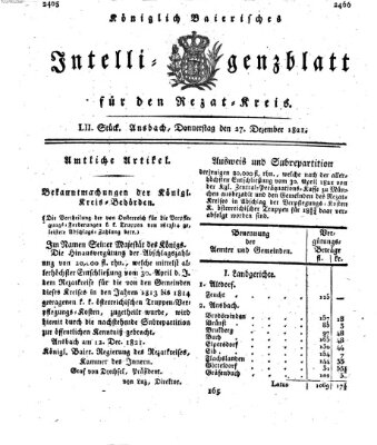 Königlich Bayerisches Intelligenzblatt für den Rezat-Kreis (Ansbacher Intelligenz-Zeitung) Donnerstag 27. Dezember 1821