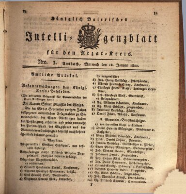 Königlich Bayerisches Intelligenzblatt für den Rezat-Kreis (Ansbacher Intelligenz-Zeitung) Mittwoch 16. Januar 1822