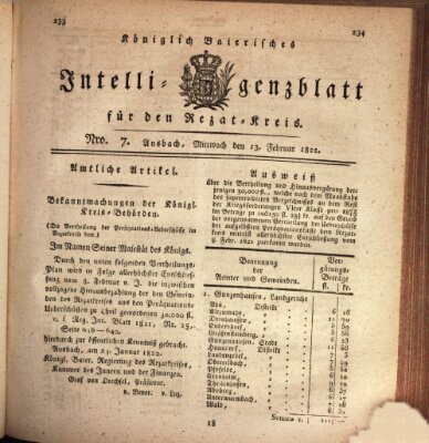Königlich Bayerisches Intelligenzblatt für den Rezat-Kreis (Ansbacher Intelligenz-Zeitung) Mittwoch 13. Februar 1822