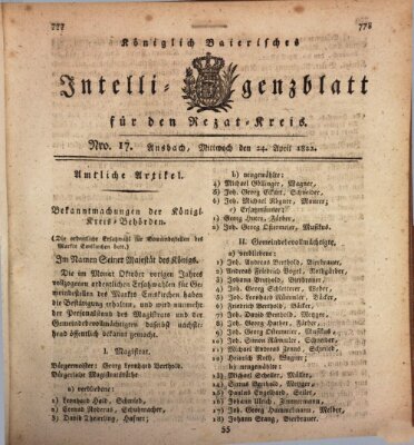 Königlich Bayerisches Intelligenzblatt für den Rezat-Kreis (Ansbacher Intelligenz-Zeitung) Mittwoch 24. April 1822