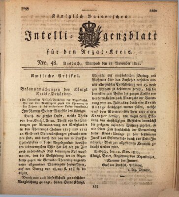 Königlich Bayerisches Intelligenzblatt für den Rezat-Kreis (Ansbacher Intelligenz-Zeitung) Mittwoch 27. November 1822