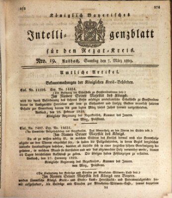 Königlich Bayerisches Intelligenzblatt für den Rezat-Kreis (Ansbacher Intelligenz-Zeitung) Samstag 7. März 1829