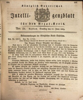 Königlich Bayerisches Intelligenzblatt für den Rezat-Kreis (Ansbacher Intelligenz-Zeitung) Samstag 27. Juni 1829