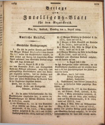 Königlich Bayerisches Intelligenzblatt für den Rezat-Kreis (Ansbacher Intelligenz-Zeitung) Samstag 1. August 1829