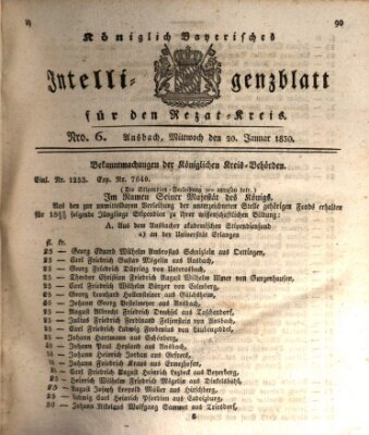 Königlich Bayerisches Intelligenzblatt für den Rezat-Kreis (Ansbacher Intelligenz-Zeitung) Mittwoch 20. Januar 1830