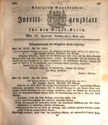 Königlich Bayerisches Intelligenzblatt für den Rezat-Kreis (Ansbacher Intelligenz-Zeitung) Samstag 3. April 1830