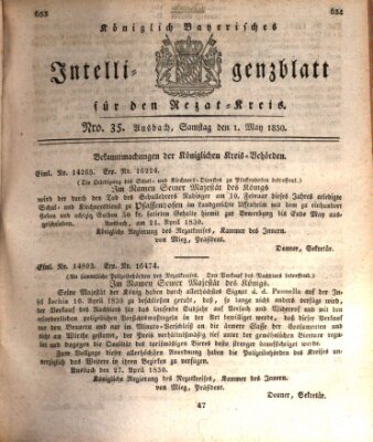 Königlich Bayerisches Intelligenzblatt für den Rezat-Kreis (Ansbacher Intelligenz-Zeitung) Samstag 1. Mai 1830