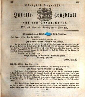 Königlich Bayerisches Intelligenzblatt für den Rezat-Kreis (Ansbacher Intelligenz-Zeitung) Samstag 19. Juni 1830