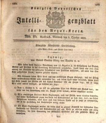 Königlich Bayerisches Intelligenzblatt für den Rezat-Kreis (Ansbacher Intelligenz-Zeitung) Mittwoch 6. Oktober 1830