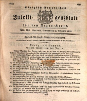 Königlich Bayerisches Intelligenzblatt für den Rezat-Kreis (Ansbacher Intelligenz-Zeitung) Mittwoch 3. November 1830