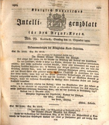 Königlich Bayerisches Intelligenzblatt für den Rezat-Kreis (Ansbacher Intelligenz-Zeitung) Samstag 11. Dezember 1830