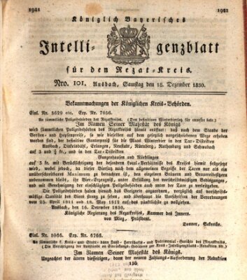 Königlich Bayerisches Intelligenzblatt für den Rezat-Kreis (Ansbacher Intelligenz-Zeitung) Samstag 18. Dezember 1830