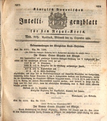 Königlich Bayerisches Intelligenzblatt für den Rezat-Kreis (Ansbacher Intelligenz-Zeitung) Mittwoch 29. Dezember 1830