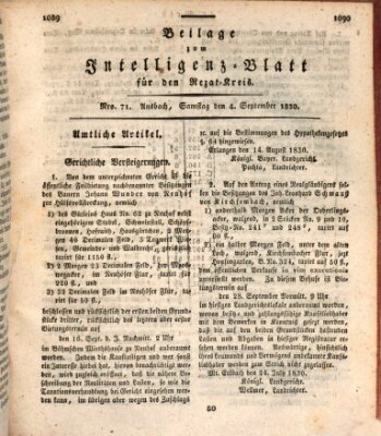 Königlich Bayerisches Intelligenzblatt für den Rezat-Kreis (Ansbacher Intelligenz-Zeitung) Samstag 4. September 1830