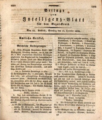 Königlich Bayerisches Intelligenzblatt für den Rezat-Kreis (Ansbacher Intelligenz-Zeitung) Samstag 16. Oktober 1830