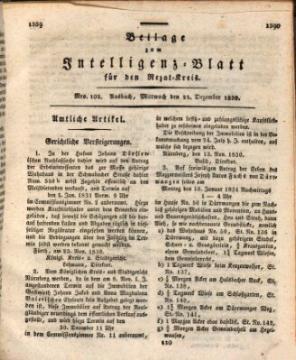 Königlich Bayerisches Intelligenzblatt für den Rezat-Kreis (Ansbacher Intelligenz-Zeitung) Mittwoch 22. Dezember 1830