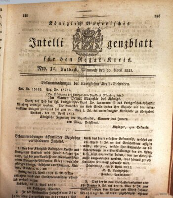 Königlich Bayerisches Intelligenzblatt für den Rezat-Kreis (Ansbacher Intelligenz-Zeitung) Mittwoch 20. April 1831