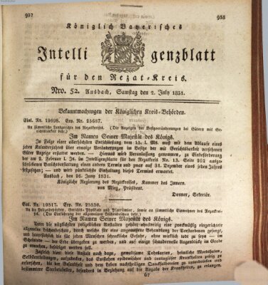 Königlich Bayerisches Intelligenzblatt für den Rezat-Kreis (Ansbacher Intelligenz-Zeitung) Samstag 2. Juli 1831