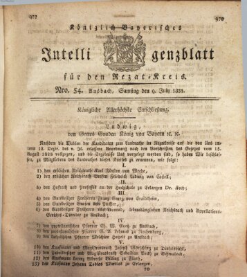 Königlich Bayerisches Intelligenzblatt für den Rezat-Kreis (Ansbacher Intelligenz-Zeitung) Samstag 9. Juli 1831