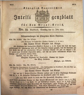 Königlich Bayerisches Intelligenzblatt für den Rezat-Kreis (Ansbacher Intelligenz-Zeitung) Samstag 23. Juli 1831