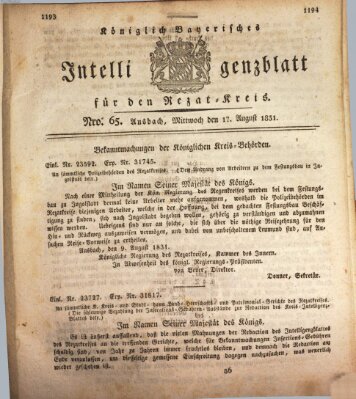 Königlich Bayerisches Intelligenzblatt für den Rezat-Kreis (Ansbacher Intelligenz-Zeitung) Mittwoch 17. August 1831