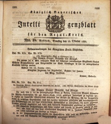 Königlich Bayerisches Intelligenzblatt für den Rezat-Kreis (Ansbacher Intelligenz-Zeitung) Samstag 15. Oktober 1831