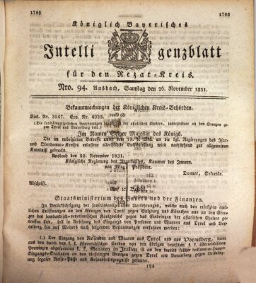 Königlich Bayerisches Intelligenzblatt für den Rezat-Kreis (Ansbacher Intelligenz-Zeitung) Samstag 26. November 1831