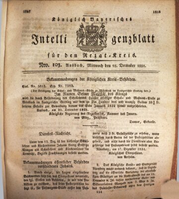 Königlich Bayerisches Intelligenzblatt für den Rezat-Kreis (Ansbacher Intelligenz-Zeitung) Mittwoch 28. Dezember 1831