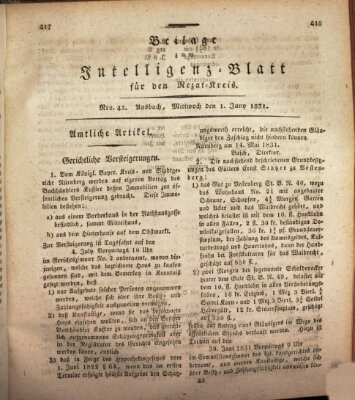 Königlich Bayerisches Intelligenzblatt für den Rezat-Kreis (Ansbacher Intelligenz-Zeitung) Mittwoch 1. Juni 1831