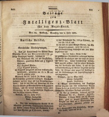 Königlich Bayerisches Intelligenzblatt für den Rezat-Kreis (Ansbacher Intelligenz-Zeitung) Samstag 2. Juli 1831