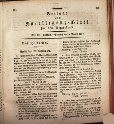 Königlich Bayerisches Intelligenzblatt für den Rezat-Kreis (Ansbacher Intelligenz-Zeitung) Samstag 6. August 1831