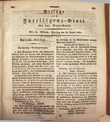 Königlich Bayerisches Intelligenzblatt für den Rezat-Kreis (Ansbacher Intelligenz-Zeitung) Samstag 20. August 1831