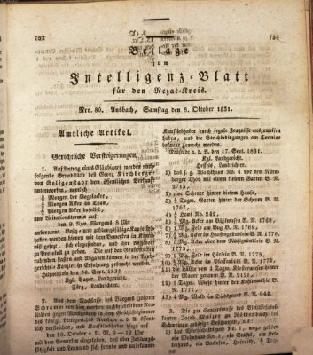 Königlich Bayerisches Intelligenzblatt für den Rezat-Kreis (Ansbacher Intelligenz-Zeitung) Samstag 8. Oktober 1831