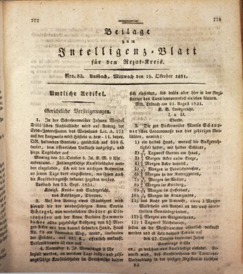 Königlich Bayerisches Intelligenzblatt für den Rezat-Kreis (Ansbacher Intelligenz-Zeitung) Mittwoch 19. Oktober 1831