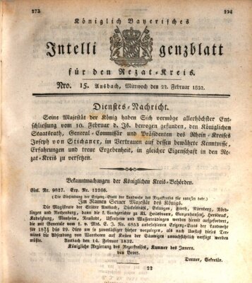 Königlich Bayerisches Intelligenzblatt für den Rezat-Kreis (Ansbacher Intelligenz-Zeitung) Mittwoch 22. Februar 1832