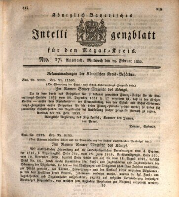 Königlich Bayerisches Intelligenzblatt für den Rezat-Kreis (Ansbacher Intelligenz-Zeitung) Mittwoch 29. Februar 1832