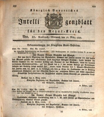 Königlich Bayerisches Intelligenzblatt für den Rezat-Kreis (Ansbacher Intelligenz-Zeitung) Mittwoch 14. März 1832