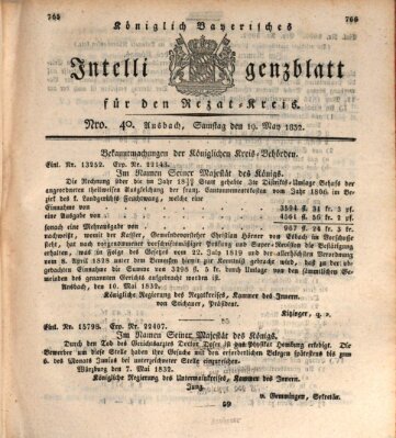 Königlich Bayerisches Intelligenzblatt für den Rezat-Kreis (Ansbacher Intelligenz-Zeitung) Samstag 19. Mai 1832