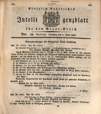 Königlich Bayerisches Intelligenzblatt für den Rezat-Kreis (Ansbacher Intelligenz-Zeitung) Samstag 2. Juni 1832