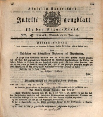 Königlich Bayerisches Intelligenzblatt für den Rezat-Kreis (Ansbacher Intelligenz-Zeitung) Mittwoch 13. Juni 1832