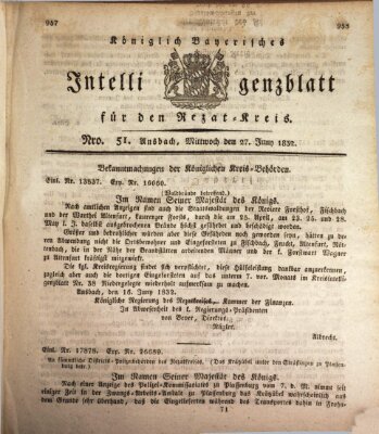 Königlich Bayerisches Intelligenzblatt für den Rezat-Kreis (Ansbacher Intelligenz-Zeitung) Mittwoch 27. Juni 1832