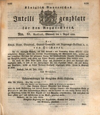 Königlich Bayerisches Intelligenzblatt für den Rezat-Kreis (Ansbacher Intelligenz-Zeitung) Mittwoch 1. August 1832